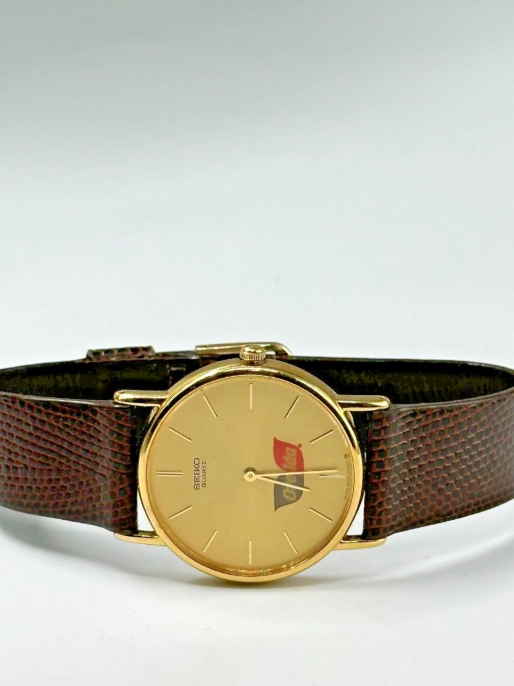 Vintage Seiko Watch Men Gold Tone Ore Ida Logo Brown Leather Band New Battery - Picture 6 of 12
